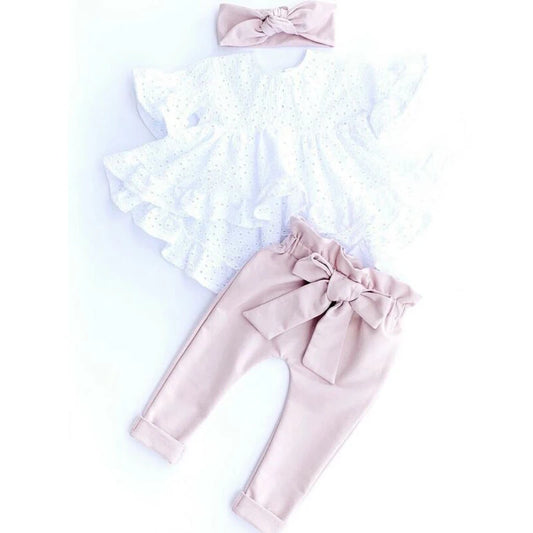 0-24M Newborn Kid Baby Girl Clothes Lace Top T-Shirt Pants Short Sleeve Bowknot Pants Headband 3pcs Outfit Set Toddler Clothing