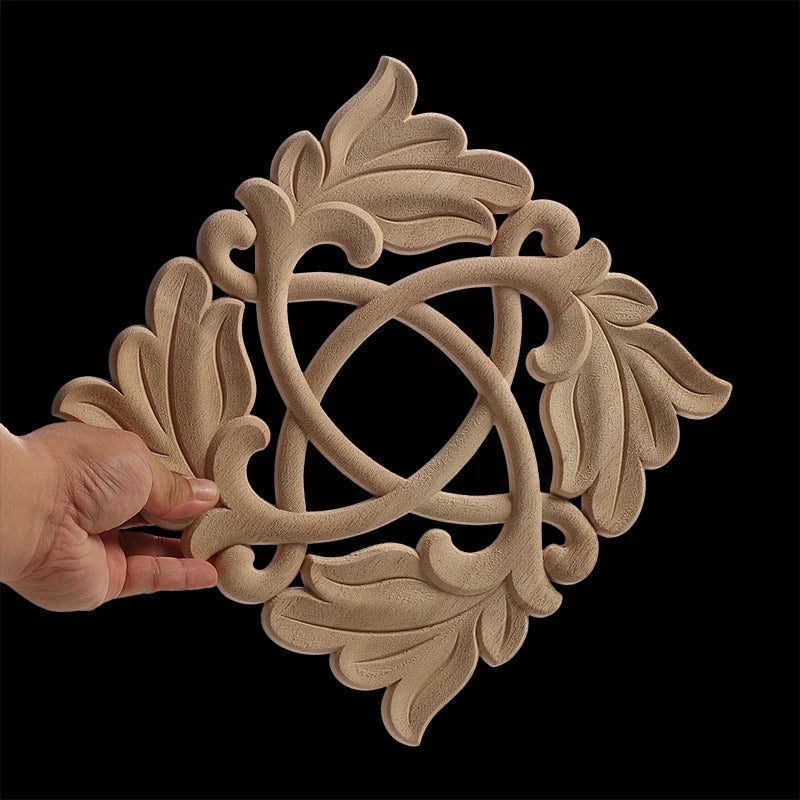 Decorative Wood Appliques Unique Exquisite Natural Floral Wooden Carved Onlay Decal Figurines Home Furniture Door Decor Square