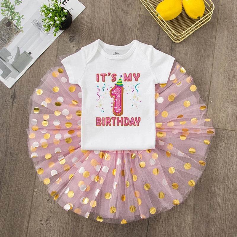 First Birthday Baby Girl Birthday Party Dress Cute Pink Tutu Cake Dresses + Romper Outfits Toddler Girls Summer Clothes Jumpsuit