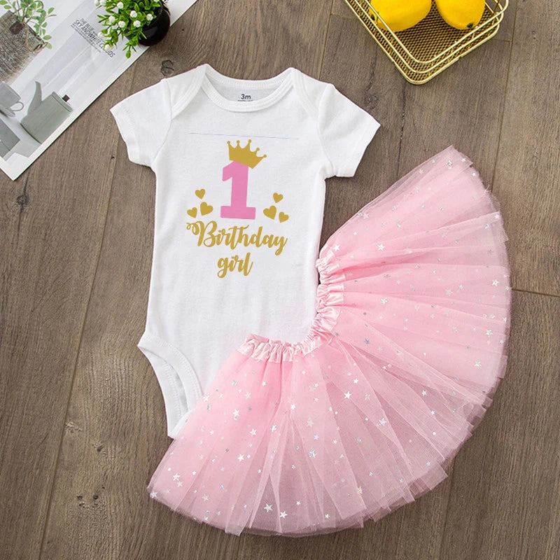 First Birthday Baby Girl Birthday Party Dress Cute Pink Tutu Cake Dresses + Romper Outfits Toddler Girls Summer Clothes Jumpsuit