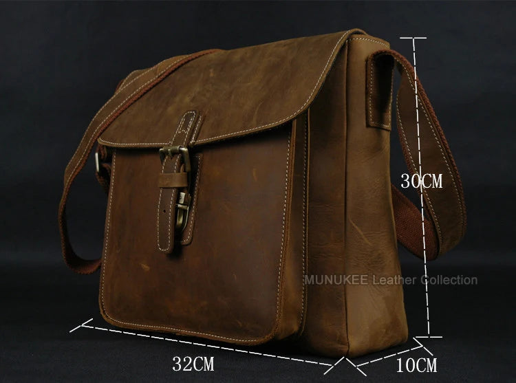 Vintage Men's Crazy Horse Leather  Messenger Bag Genuine Leather Shoulder Bag Crossbody Bag Sling Casual Bag Brown Free ship 223