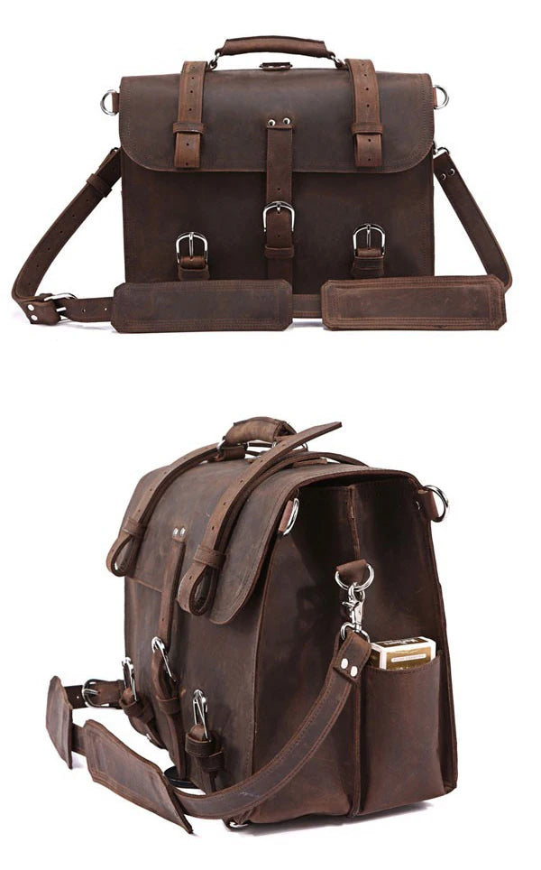 Vintage Crazy Horse Genuine Leather Men Briefcase Business Bag Large Leather Briefcase Male 15.6"Laptop Case Shoulder Bag office