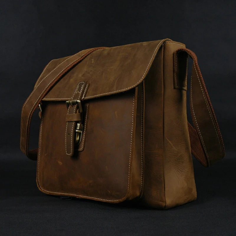 Vintage Men's Crazy Horse Leather  Messenger Bag Genuine Leather Shoulder Bag Crossbody Bag Sling Casual Bag Brown Free ship 223