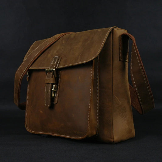 Vintage Men's Crazy Horse Leather  Messenger Bag Genuine Leather Shoulder Bag Crossbody Bag Sling Casual Bag Brown Free ship 223