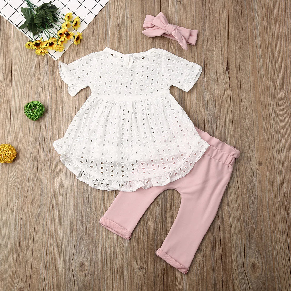 0-24M Newborn Kid Baby Girl Clothes Lace Top T-Shirt Pants Short Sleeve Bowknot Pants Headband 3pcs Outfit Set Toddler Clothing