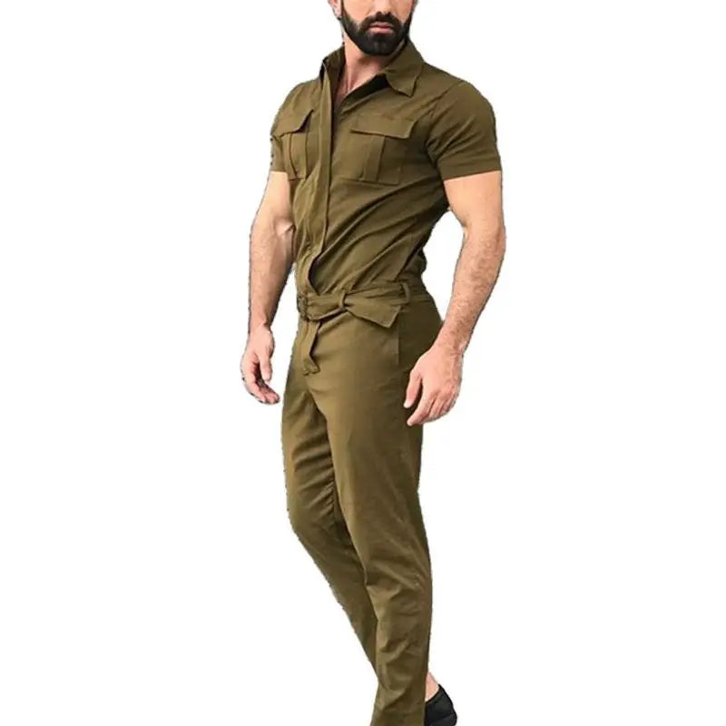 New Men Pants Casual One-piece Suit Spring Summer Men Fashion Jumpsuits Short Sleeve Belt  Men Clothing Solid Jumpsuits