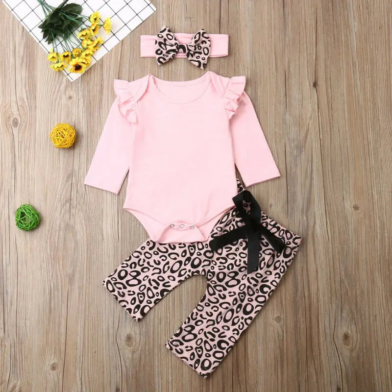 Pudcoco US Stock Fashion 0-18M Newborn Baby Girls Clothes Pink Long Sleeve Romper Tops+Leopard Bowknot Pants 3PCS Outfit Set