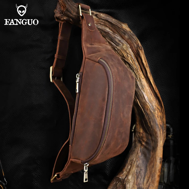 Retro Genuine Leather Men Chest Bag Handmade Large Capacity Messenger Crossbody Bags For Women Shoulder Bag Waist Travel Bag