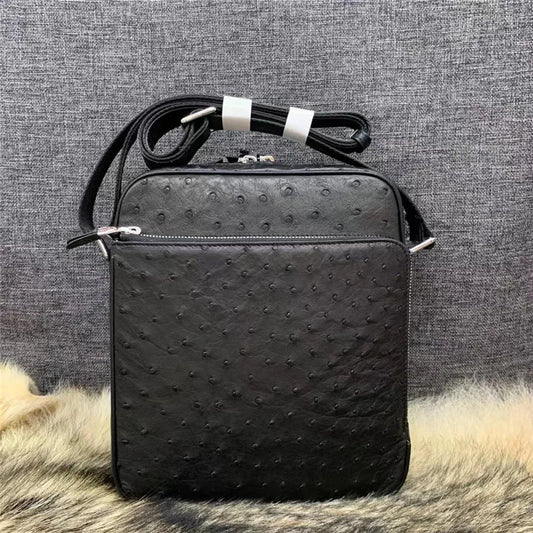 Exotic Real True Ostrich Skin Men's Small Casual Flap Purse Genuine Leather Single Cross Shoulder Bag Male Leisure Messenger Bag