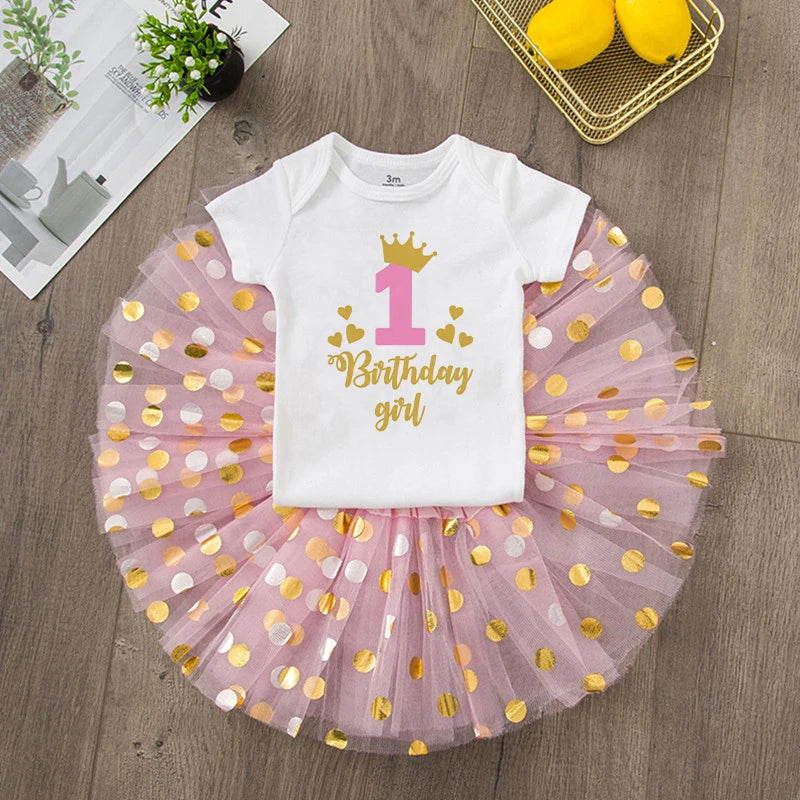 First Birthday Baby Girl Birthday Party Dress Cute Pink Tutu Cake Dresses + Romper Outfits Toddler Girls Summer Clothes Jumpsuit