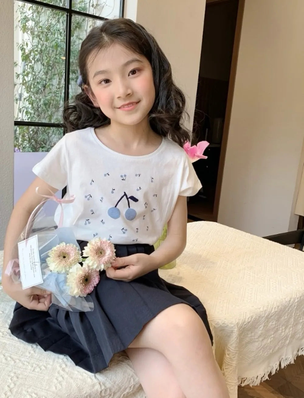 baby girl clothes kids t-shirt 100% cotton soft Blue Cherry Pattern Printed T-shirt