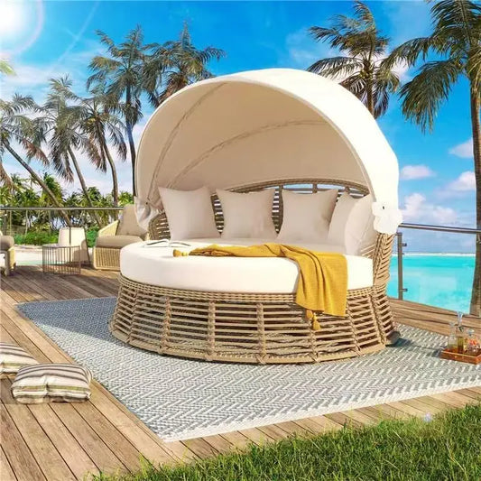 Patio Rattan Round Daybed with Retractable Canopy Wicker Sofa Sunbed with Removable Cushionsfor Outdoor Backyard Porch Lawn Gard