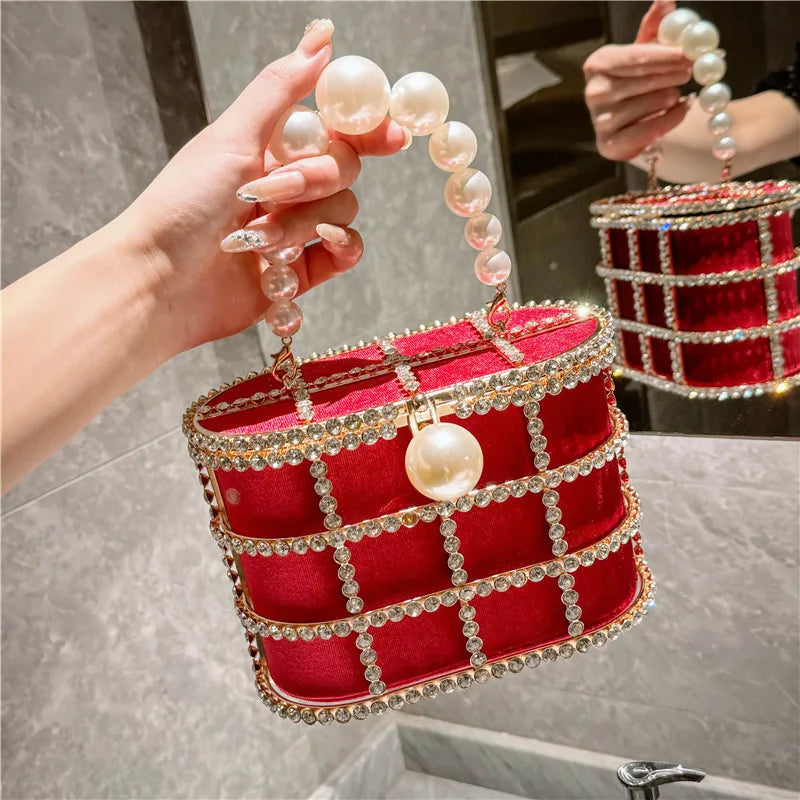 Metallic Evening Bag Pearl Hollow Out Womens Bags Luxury Design Rhinestone Diamond Dinner Bags For Party Wedding Handbags