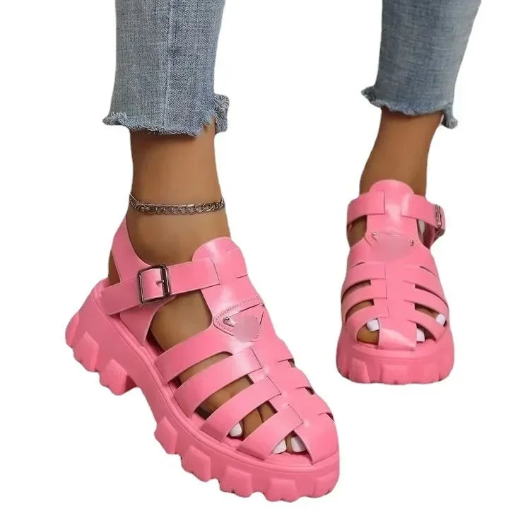 Women's Roman Style Thong Sandals Breathable Hollow out Thick Heel Waterproof Platform Woven Retro Summer New Style Shoes
