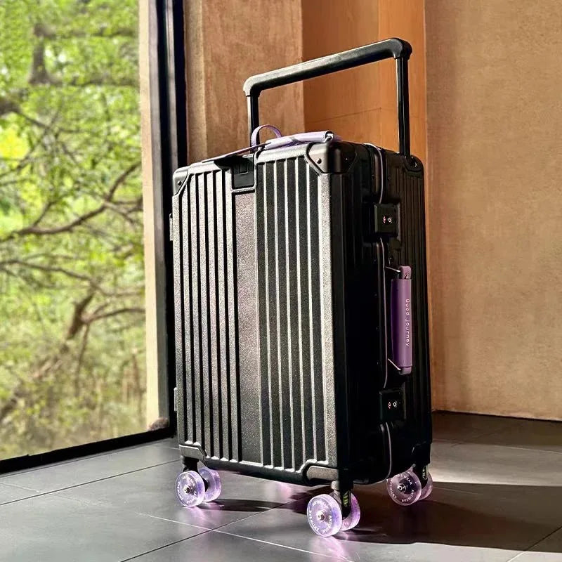 New Aluminum Frame Wide Handlebar Rolling Luggage Large Capacity Trolley Suitcase with Colorful Silent Spinner Wheels TSA Lock