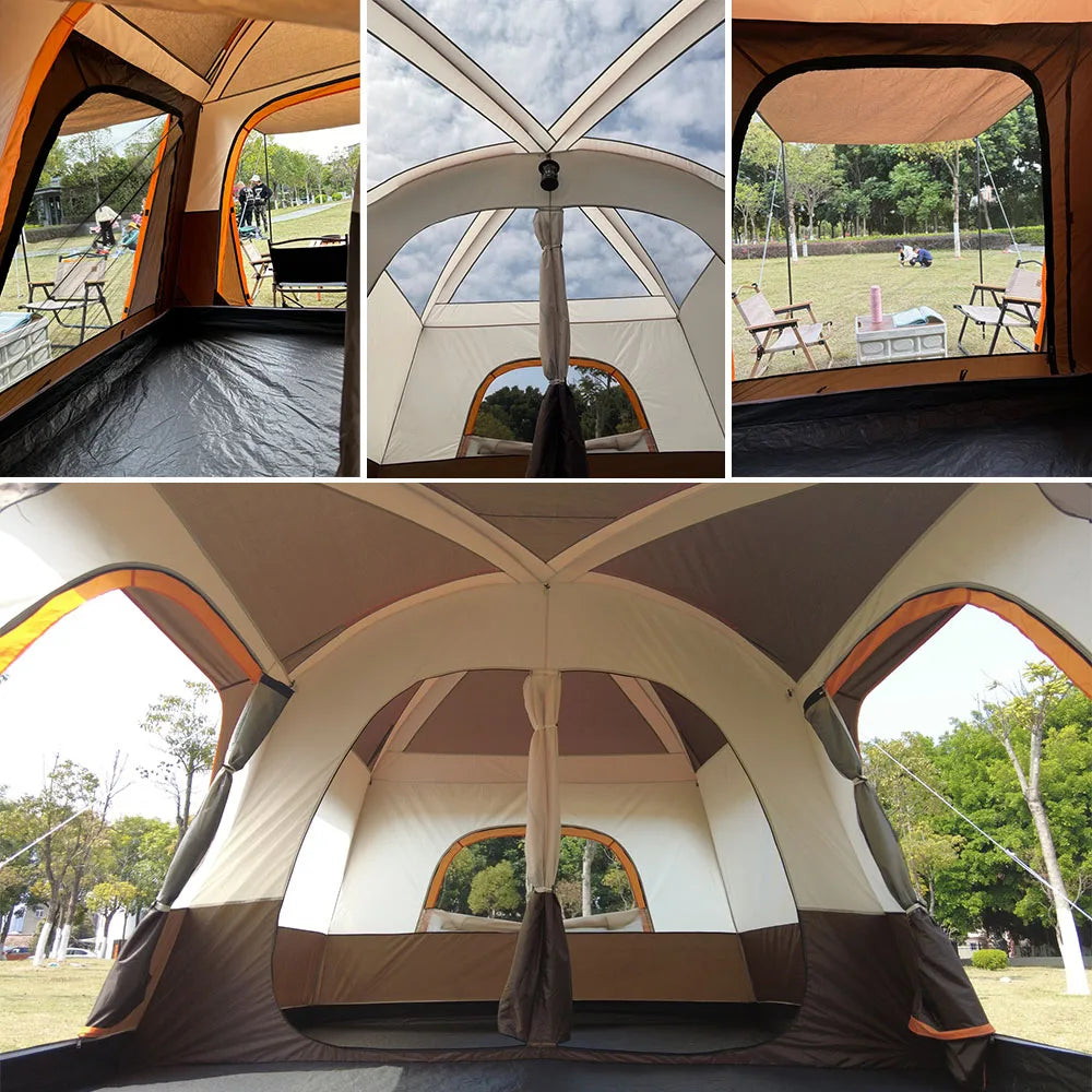 3-12 Person Outdoor Camping Team Tent Double Layers Oversize 2 Bedrooms Thickened Rainproof Company Family Camp Tour Equipment