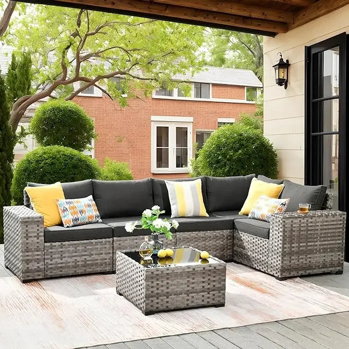6 Pieces Patio Furniture Set Outdoor Sectional Sofa Couch with Comfy Cushions and Deep Seat, Modern Modular Wicker Rattan Set