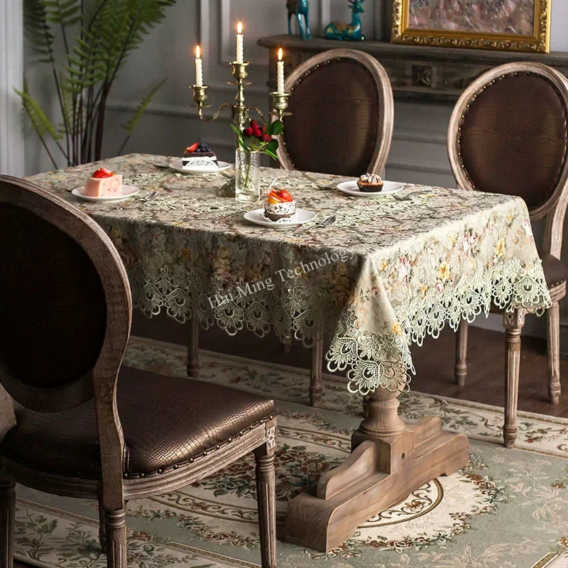 Table Cloth Green Lace Europe Luxury Embroidered Tablecloth Table Dining Table Cover Retro Pastoral Lace Fabric Hollow Home Mat