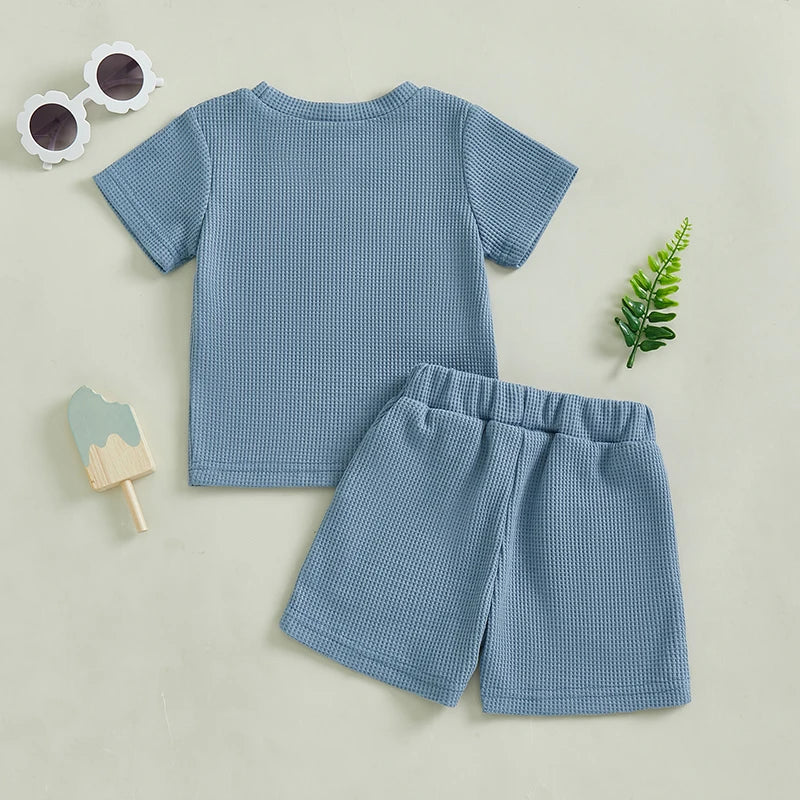 Toddler Baby Boy Summer Outfit Letter Embroidery Short Sleeve T-shirt Solid Shorts Waffle Knit Set
