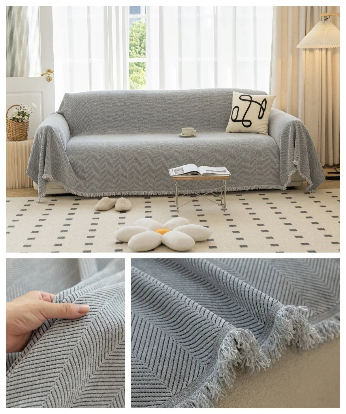 Sofa Towel Living Room Sofa Cover Solid Non Slip Washable Breathable Tassel Edge Cushion Home Decoration