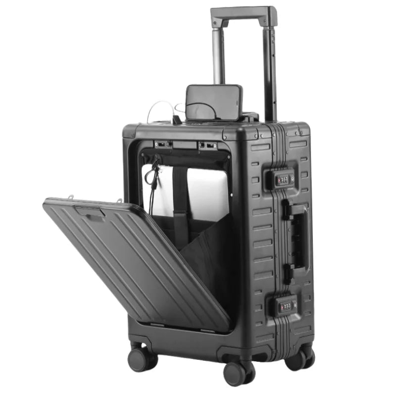 New All Aluminum-magnesium Suitcase Front Opening Rolling Luggage with USB Charging Plug TSA Lock Travel Trolley Case with Wheel
