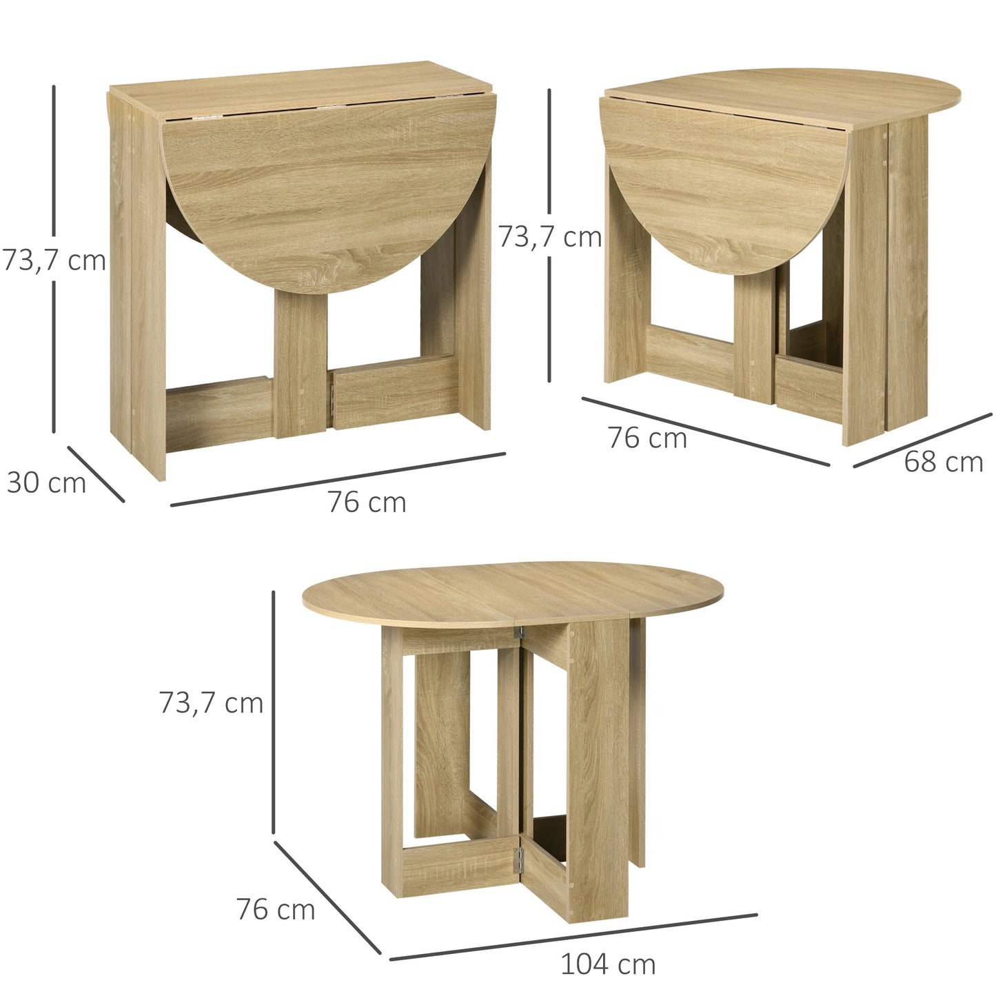 HOMCOM folding dining table with 2 wings folding 104x76x73,7 cm Oak