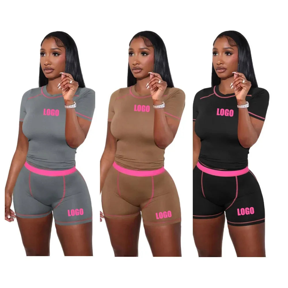 Custom LOGO women's clothing summer Europe and the United States new fashion casual thread contrast two-piece women's clothing