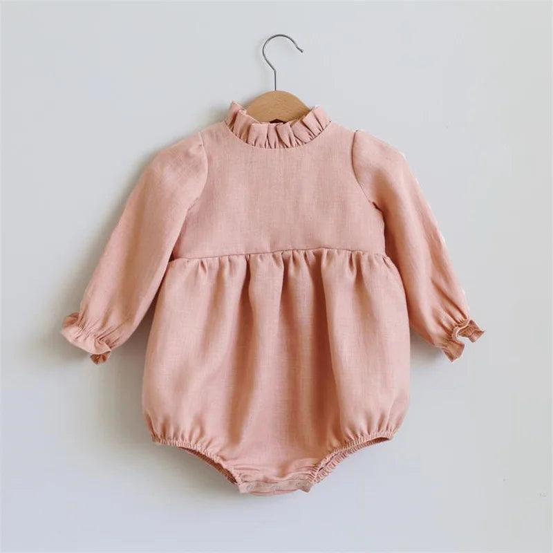 Baby Girl Clothes Solid Color Long Sleeve Baby Clothing Jumpsuits 0-24M 100% Cotton Linen Newborn Baby Girl Rompers