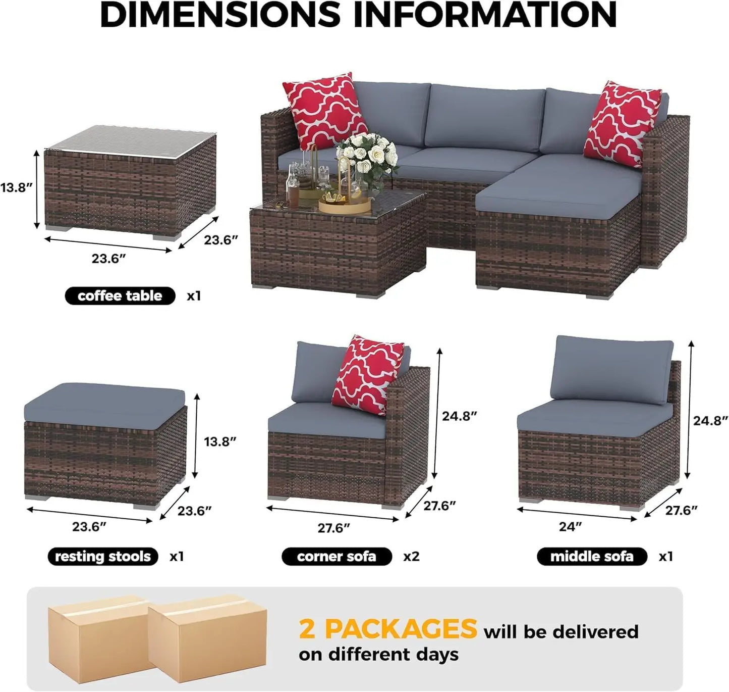 5-Piece Outdoor PE Wicker Patio Furniture Set, Water-Resistant Sectional Sofa With Plush Cushions, Tempered Glass Coffee Table &