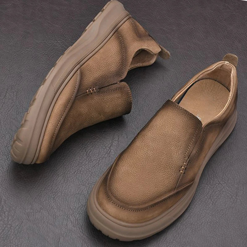 LIHUAMAO thick outsole cow leather Slip On Loafers Men Shoes Casual Walking Sneakers outdoor work shoes footwear