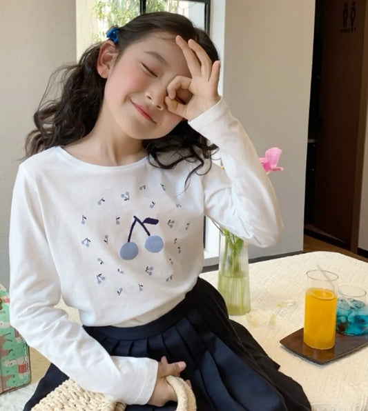baby girl clothes kids t-shirt 100% cotton soft Blue Cherry Pattern Printed T-shirt
