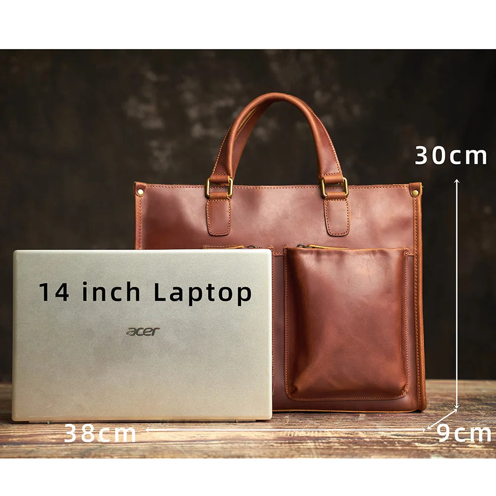 Vintage Men's Briefcase Genuine Leather Casual Trend Handbag High Capacity Shoulder Bag Zipper Pockte For 14 Inch Laptop NUPUGOO