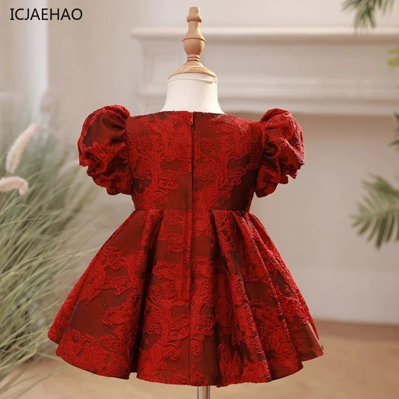 Baby Girl Clothing Children Flower Dress Outfits Birthday Baptism Elegant Kids Bow Boutique Party Red Ball Gown Toddler Clothes