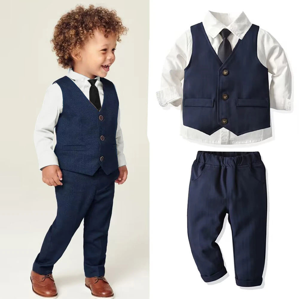 Baby boy's clothing spring and autumn gentleman's birthday suit newborn party dress soft cotton vest + shirt + pants baby 4-piec