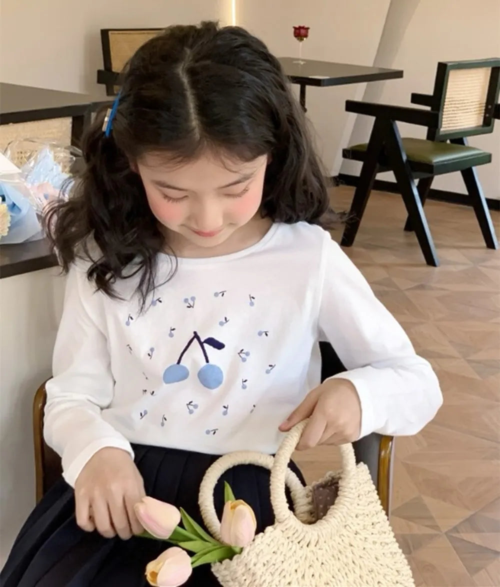 baby girl clothes kids t-shirt 100% cotton soft Blue Cherry Pattern Printed T-shirt