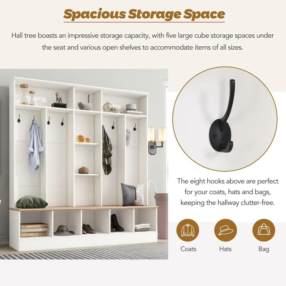 ON-TREND Wide Design Hall Tree with Storage Bench, Minimalist Shoe Cabinet with Cube Storage & Shelves, Multifunctional Coat Rac
