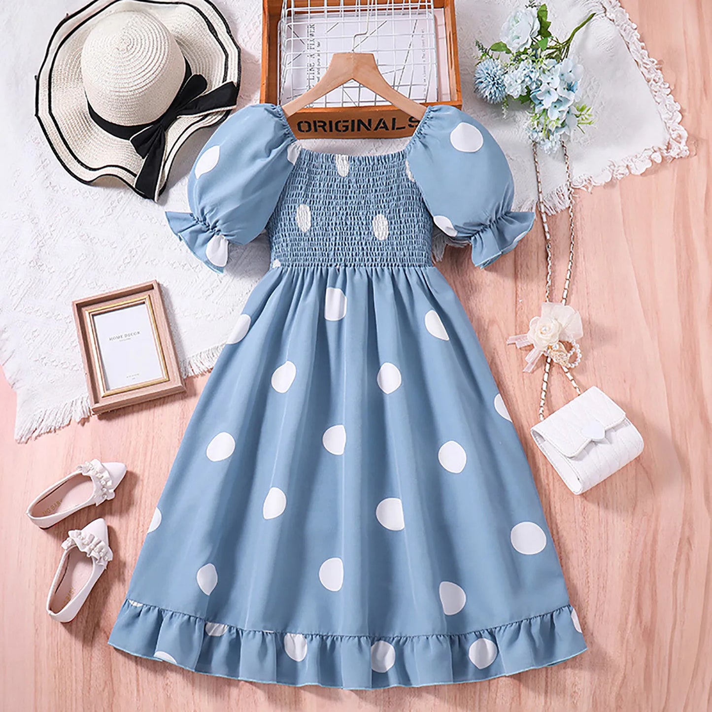 Girl Dress Summer New Sweet Print Patchwork Bubble Sleeve Princess Skirt Birthday Party Dress Girl Baby Boho Children's Clothing