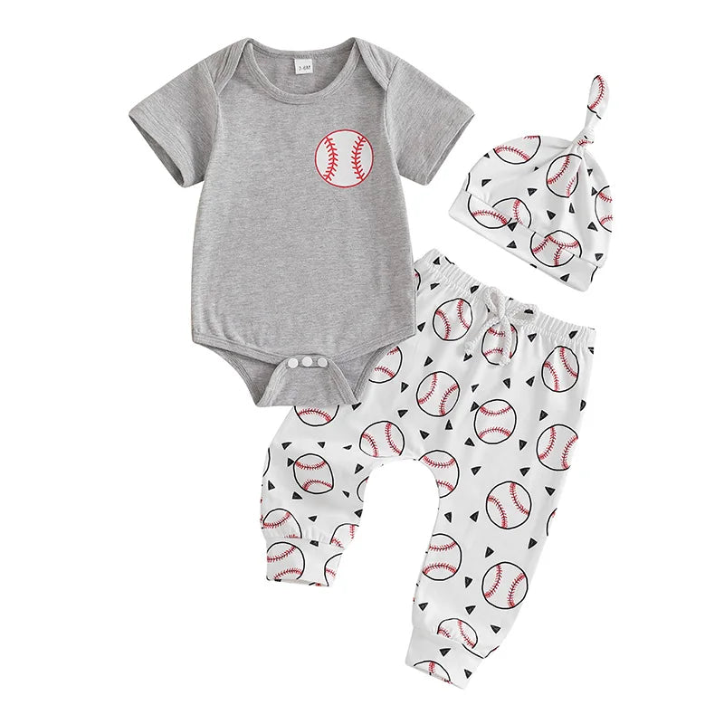 2024-12-24 Lioraitiin Baby Boy Summer Outfits Short Sleeve Round Neck Romper with Baseball Print Pants and Hat 3 Pcs Set