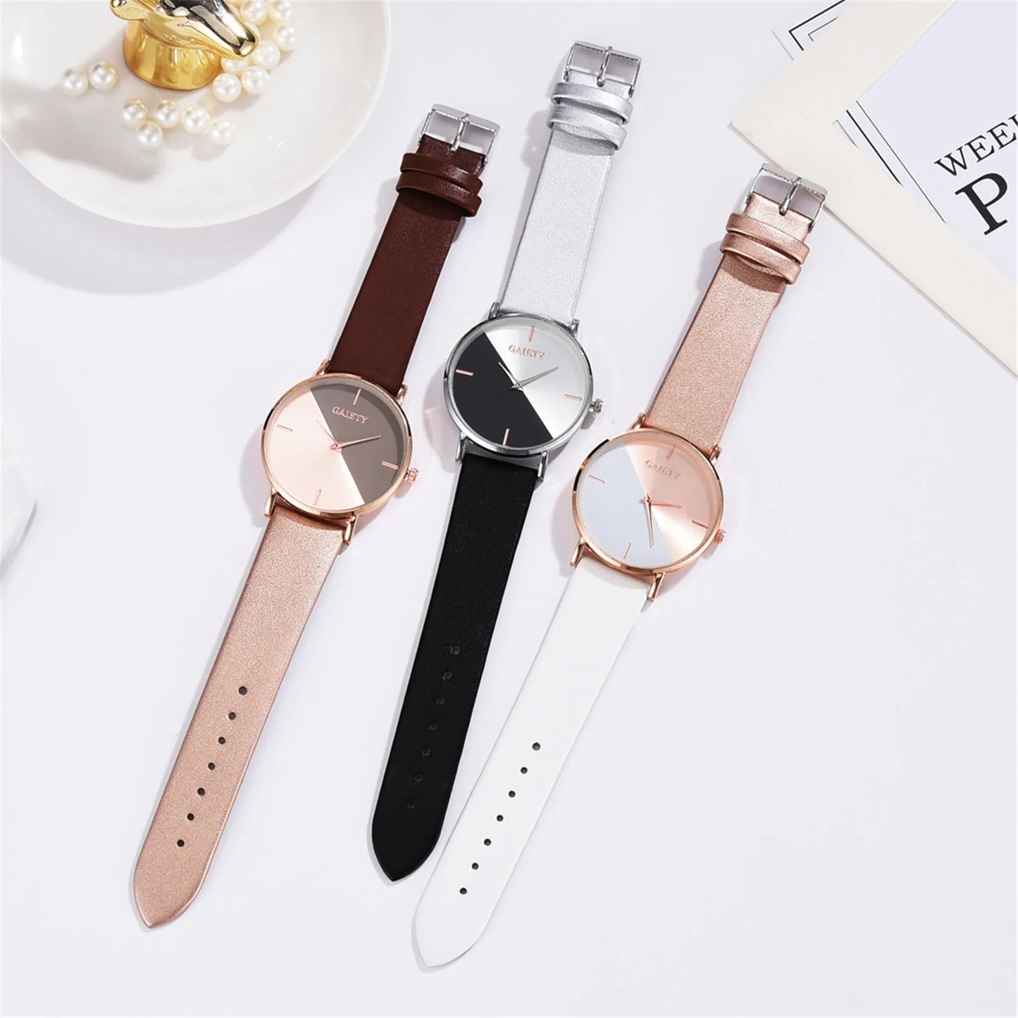Women'S Watch Set Luxury Fashion Light Luxury Geometric Stitching Quartz Style Pu Leather Strap Round Dial Women'S Gift