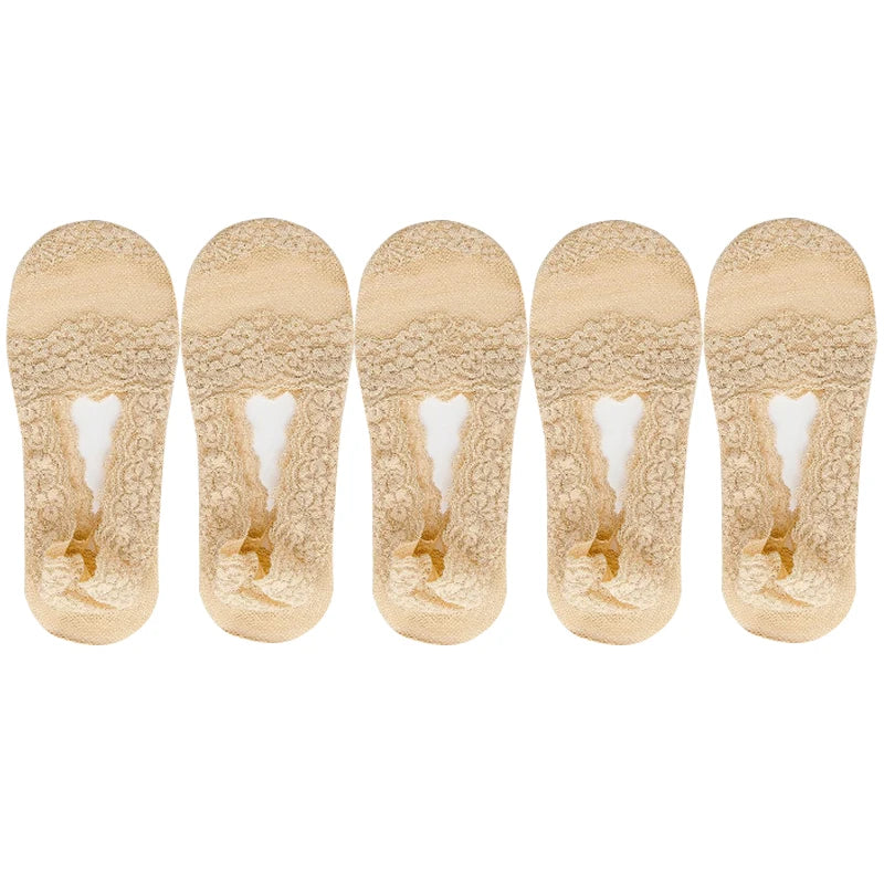 5 Pairs Socks Women's Lace Invisible Short No-Show Ankle Foot Summer Cotton Transparent White Low Cut Boat Sock