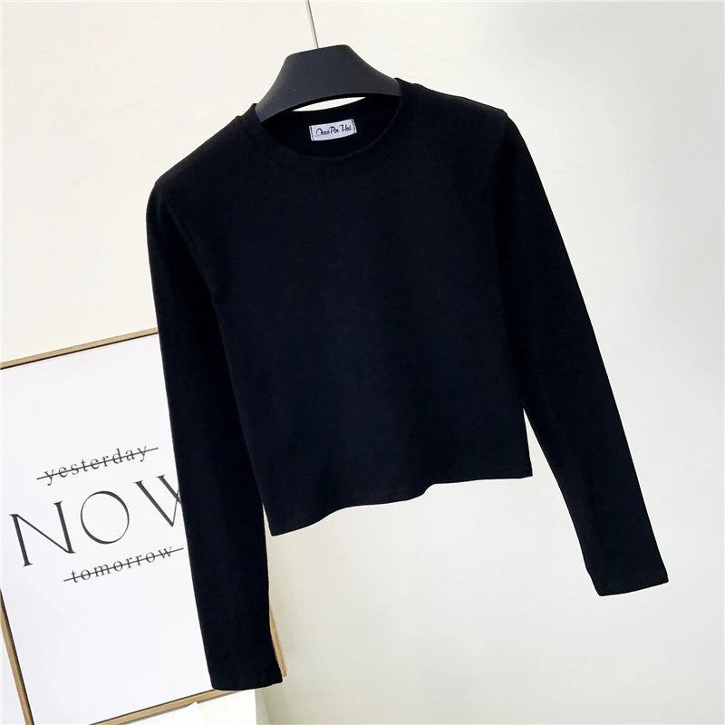 Sexy Black Cotton Women's Clothing O-Neck Long Sleeve Navel Autumn Base Women's Clothing Fashion Casual Ropa Mujer