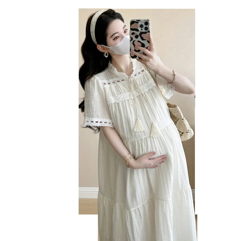 Pregnant Women's Clothing 2025 Summer New Fashionable Loose and Age Reducing Temperament Mid Length Dress