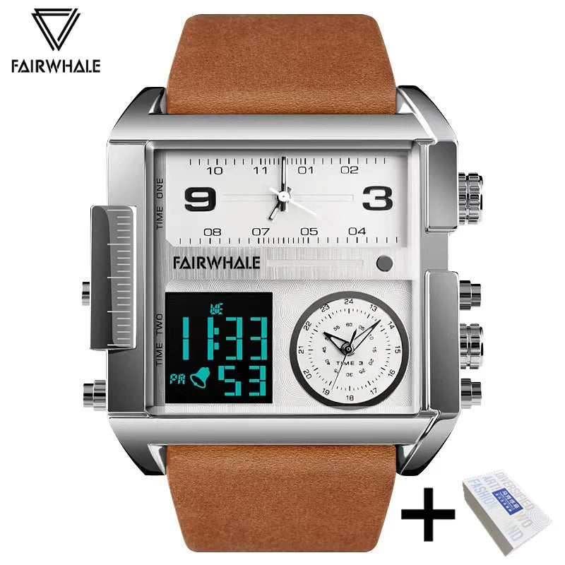 Mark Fairwhale Luxury Quartz Watches Men Fashion Brown Leather Strap Clock Military Waterproof Square Electronic WristWatch Man