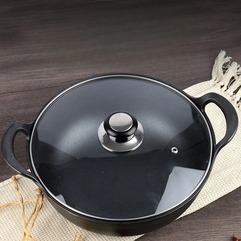 Cast iron pot, thickened double ear stew pot, soup pot, household small stir fry pot, uncoated non stick flat bottomed pan