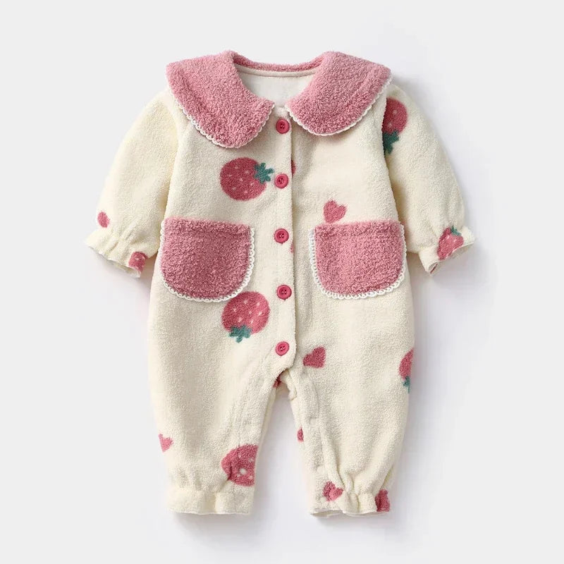 2024 Baby Clothes Girl Autumn Winter Fleece-Lined Jumpsuit for Kids Newborn Matching Children's Snow Woolen Wool Warm Costume