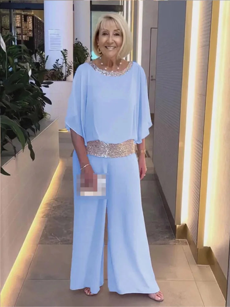 Women's Clothing 2024 Spring Autumn New Round Neck Fashionable Bright Color Bat Shirt Wide Leg Pants Half Sleeve Two-piece Set