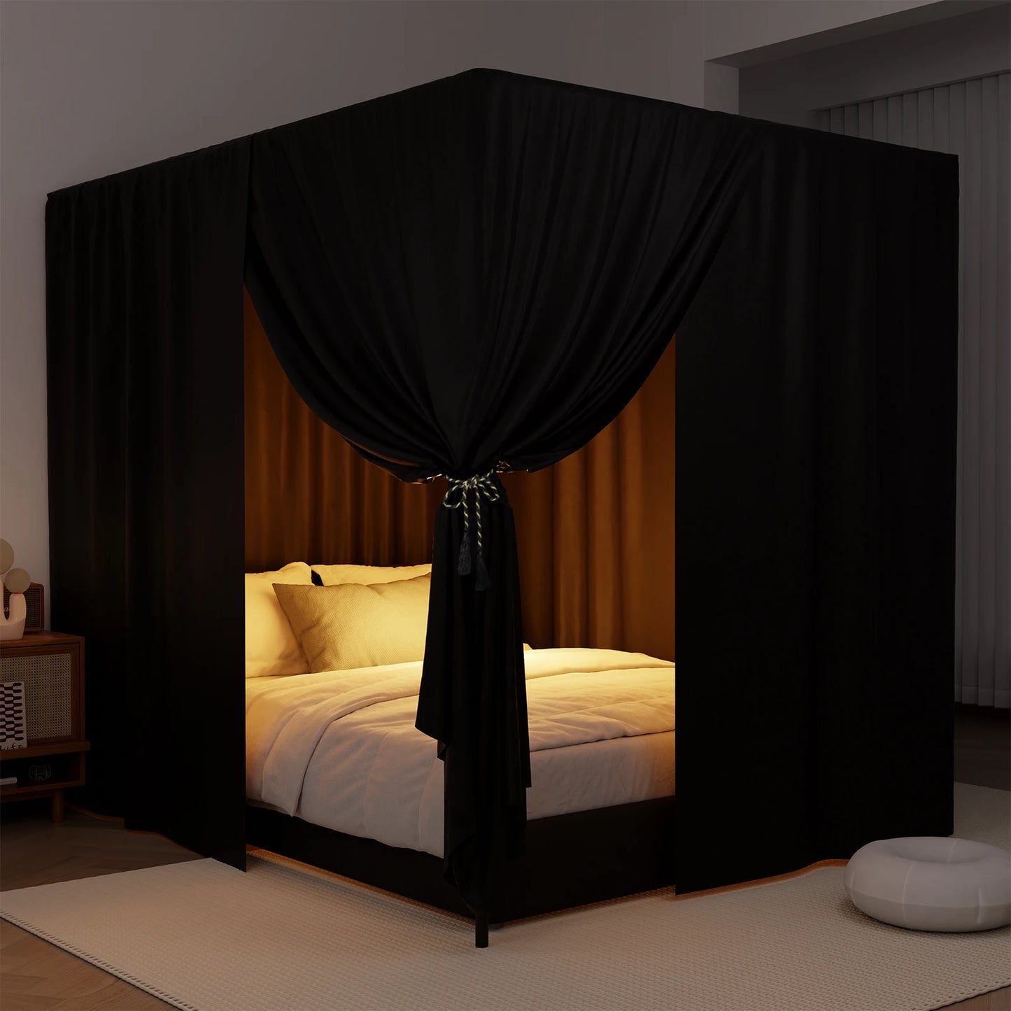 Pink/Black Corner Post Bed Canopy Bed Lightproof Curtain Sheer Canopy for Adults Bedroom Decoration Windproof Modern No bracket
