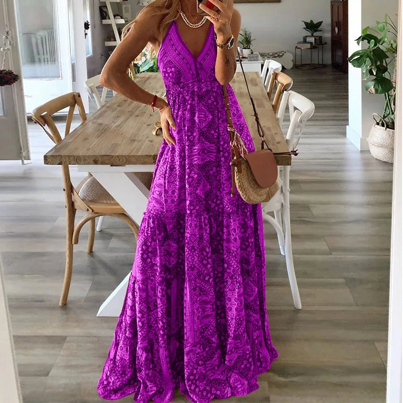 Bohemian Style Women's Clothing Long Dress New  Suspender Long Dress High Waist V-neck Printed Floral Dress Women's Clothing
