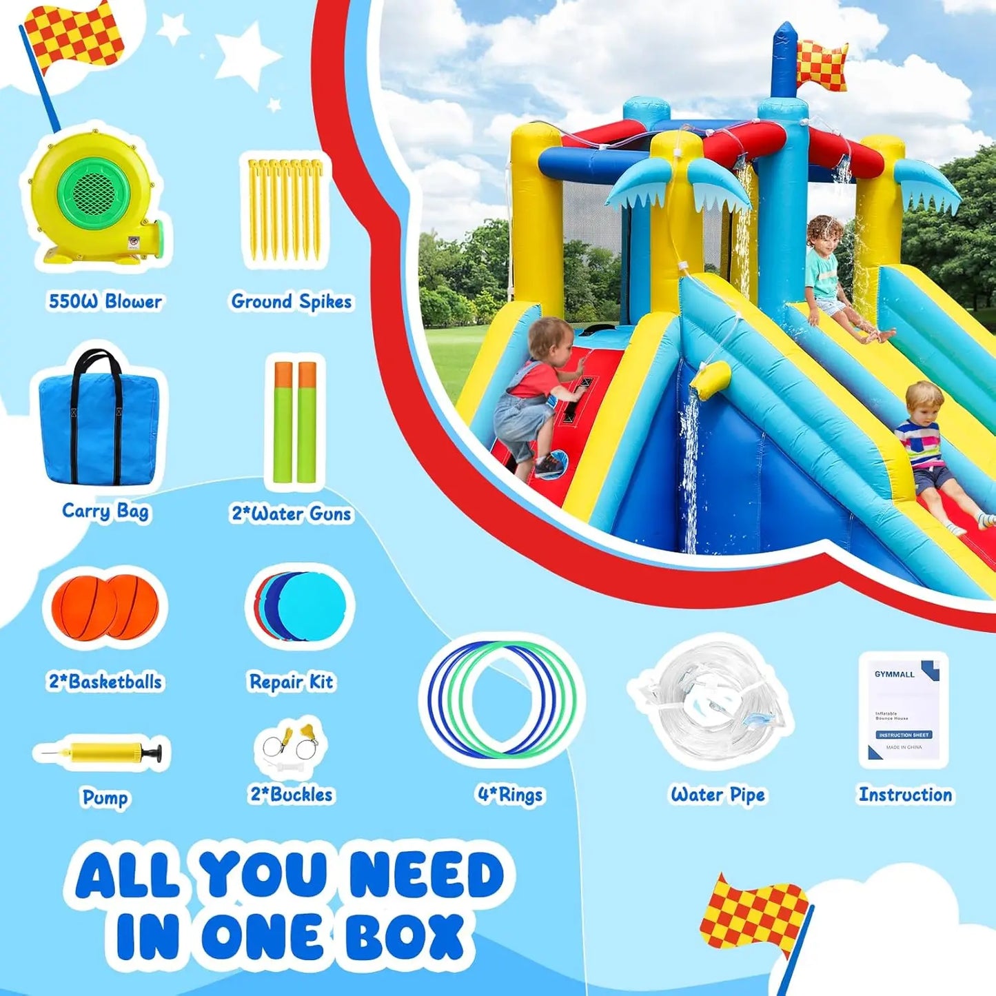 Inflatable Water Slide Bounce House with 550 W Blower, Blow up 8-in-1 Waterslide Park Bouncy Castle for Kids Outdoor and Indoor,