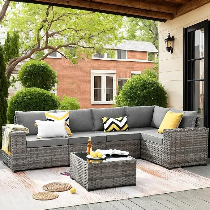 6 Pieces Patio Furniture Set Outdoor Sectional Sofa Couch with Comfy Cushions and Deep Seat, Modern Modular Wicker Rattan Set